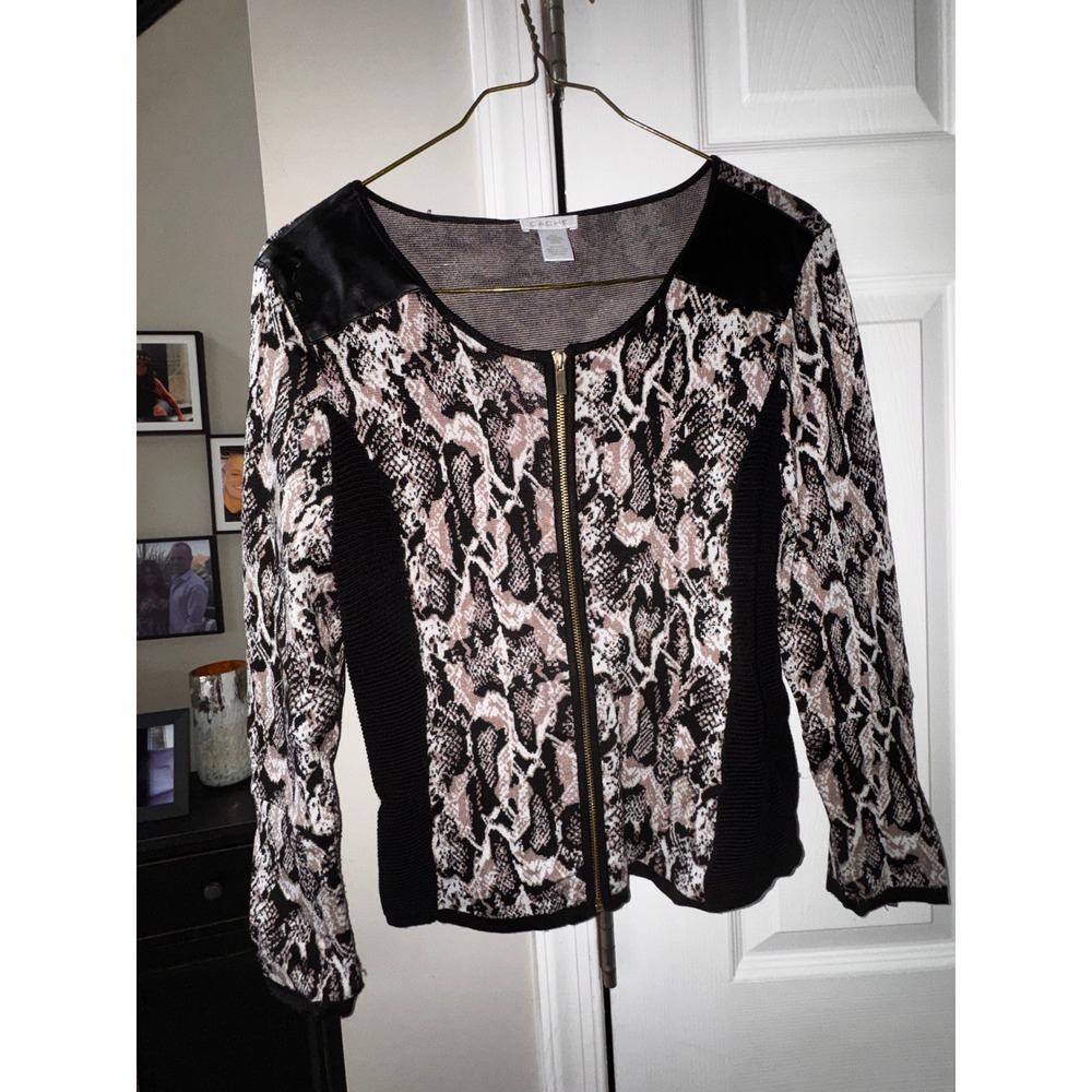 Cache Snakeskin Print Zip Front Cardigan Faux Leather Trim Black Tan Size L - Picture 2 of 7